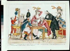 Karikatur af Louis XVI (1754-93) spiller skak med en soldat fra nationalgarden